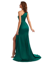 Sexy One Shoulder Side Slit Mermaid Silky Satin Long Gown For Wedding Guest