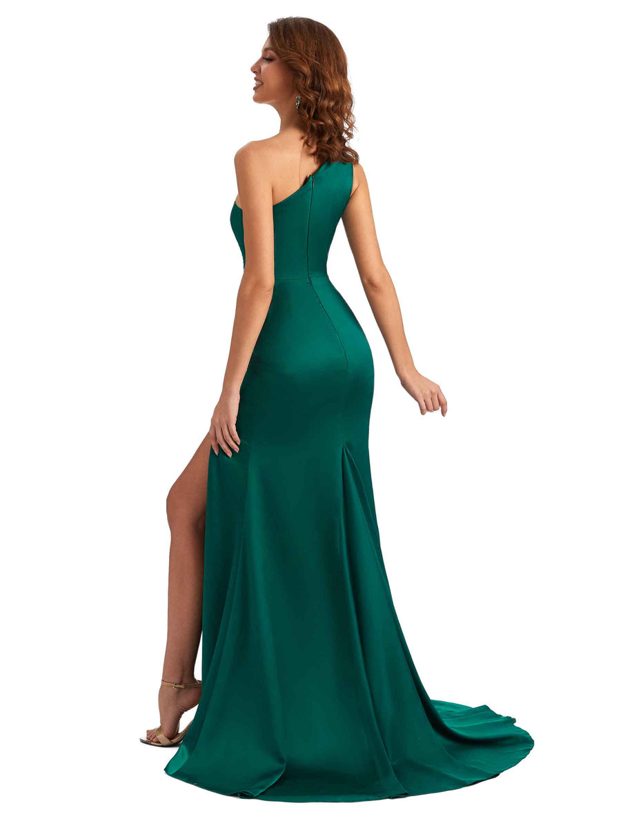 Sexy One Shoulder Side Slit Mermaid Silky Satin Long Gown For Wedding Guest