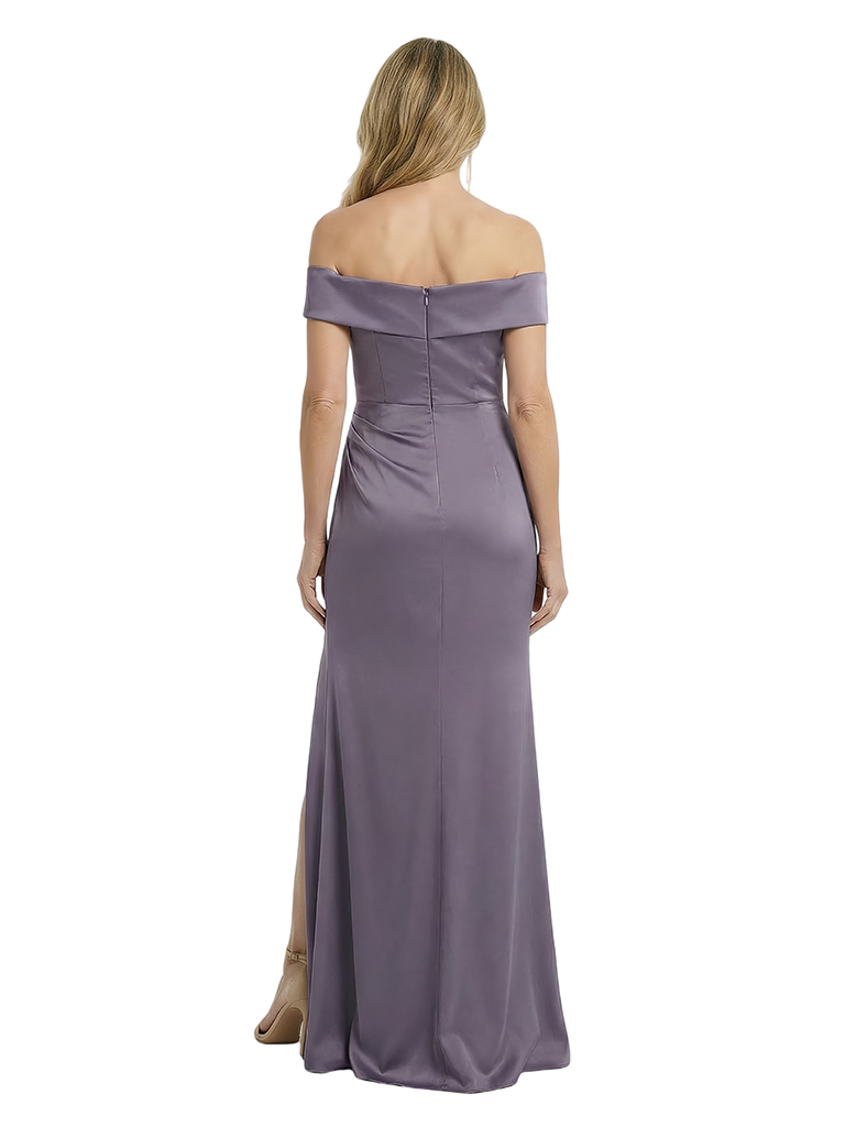 Chicsew Elegant Off The Shoulder Satin Side Slit Mother Of The Bride Dresses Ruched Floor Length Mermaid Gown