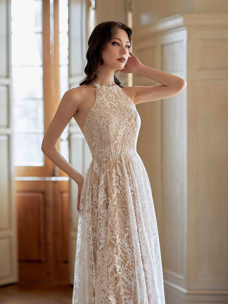 Elegant A-line Halter Backless Sleeveless Maxi Long Lace Wedding Dresses Online