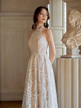 Elegant A-line Halter Backless Sleeveless Maxi Long Lace Wedding Dresses Online