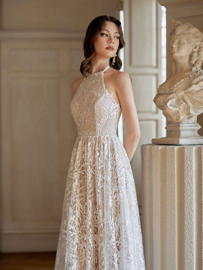 Elegant A-line Halter Backless Sleeveless Maxi Long Lace Wedding Dresses Online - ChicSew Elegant A-line Halter Backless Sleeveless Maxi Long Lace Wedding Dresses Online - ChicSew