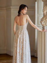 Elegant A-line Halter Backless Sleeveless Maxi Long Lace Wedding Dresses Online