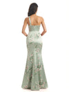 Sexy One Shoulder Side Slit Mermaid Satin Floral Formal Dresses For Women