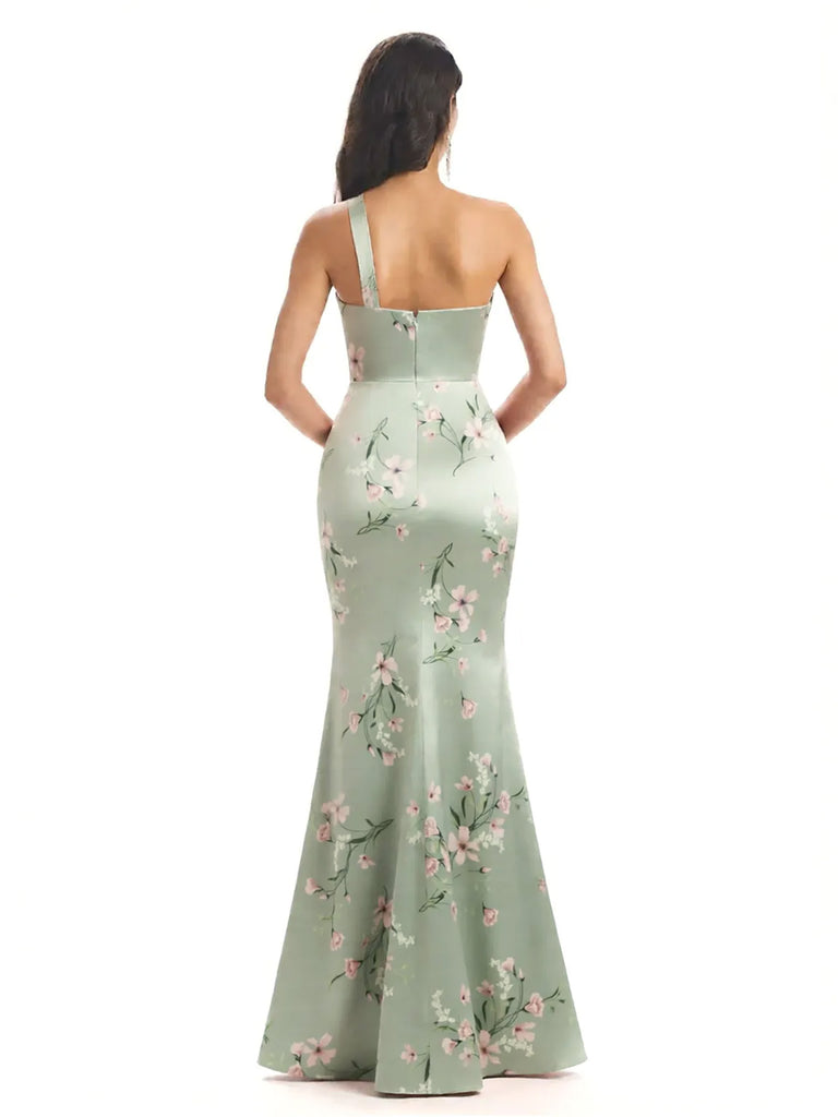 Sexy One Shoulder Side Slit Mermaid Satin Floral Formal Dresses For Women