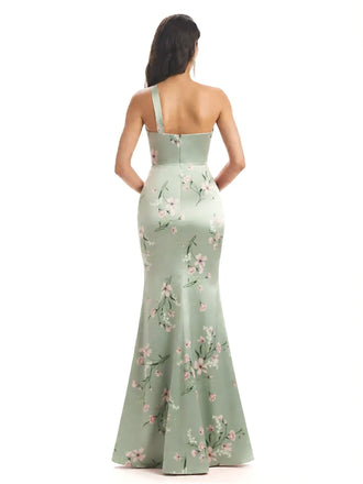 Sexy One Shoulder Side Slit Mermaid Satin Floral Formal Dresses For Women