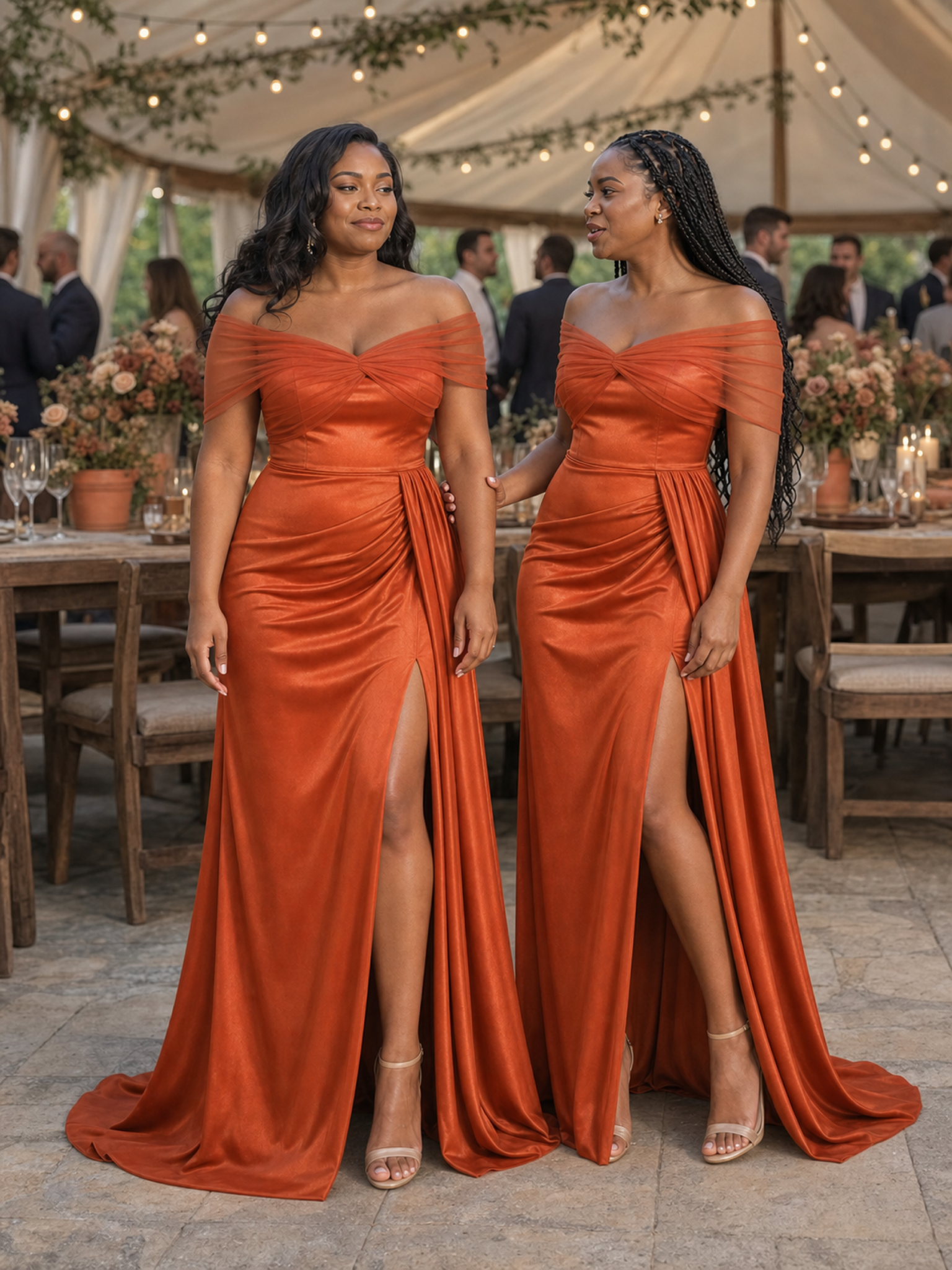 ChicSew Fancy Off Shoulder Tulle Mermaid Side Slit Ruched Soft Satin Long Bridesmaid Dresses
