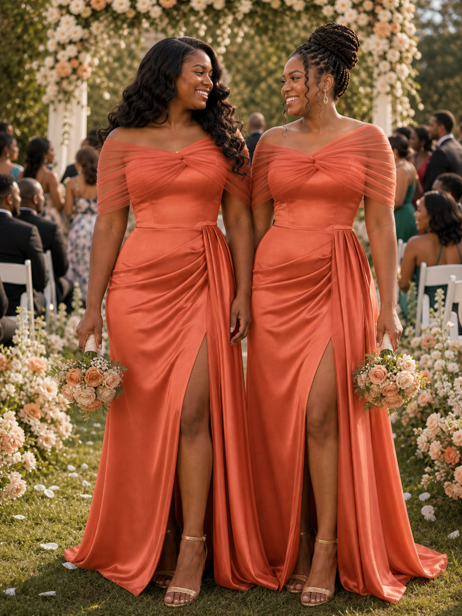 ChicSew Fancy Off Shoulder Tulle Mermaid Side Slit Ruched Soft Satin Long Bridesmaid Dresses