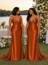 ChicSew Sexy V-Neck Spaghetti Straps Mermaid Soft Satin Long Bridesmaid Dresses