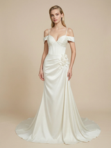 Mermaid Cold Shoulder Maxi Long Satin Wedding Dresses With Waist Drape