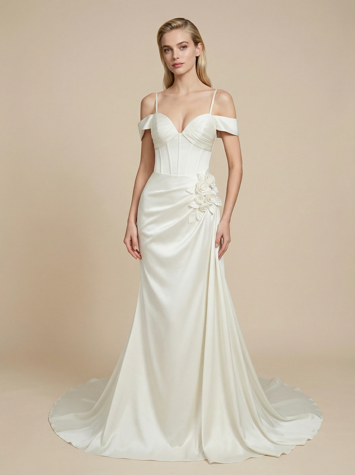 Mermaid Cold Shoulder Maxi Long Satin Wedding Dresses With Waist Drape