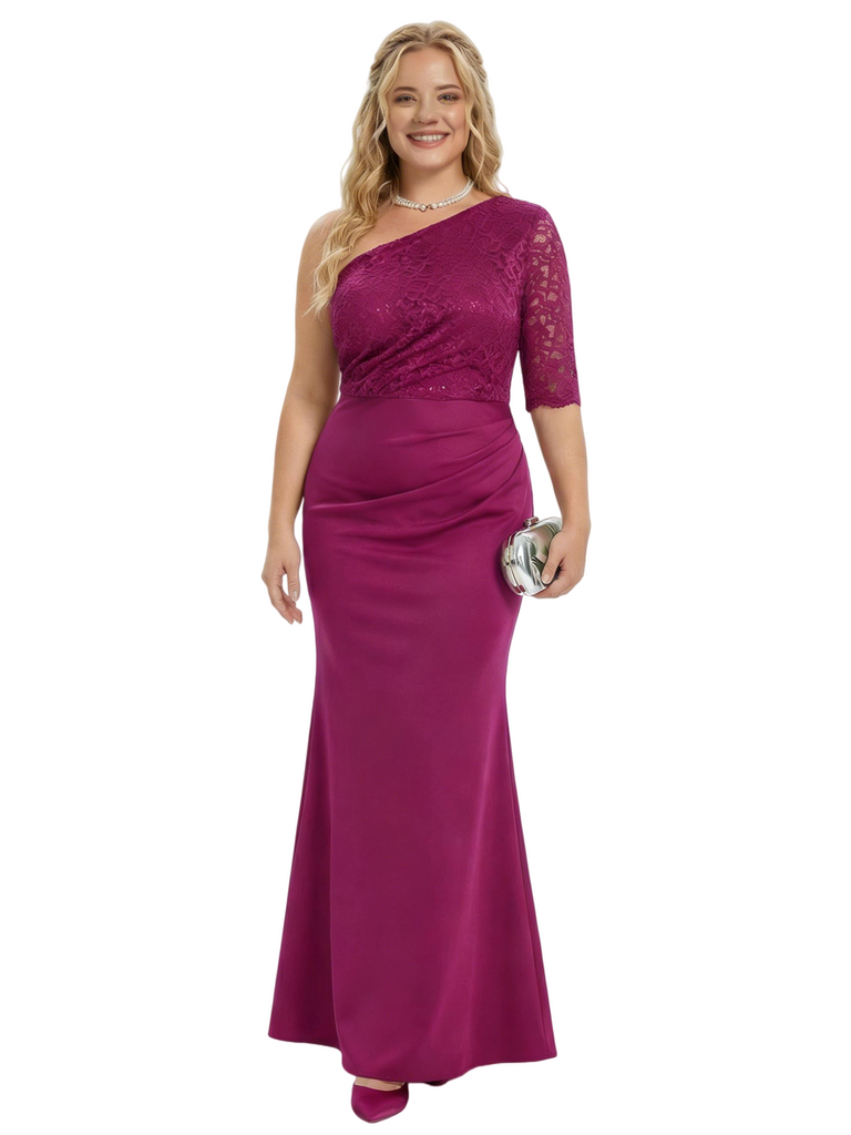 Unique One Shoulder Lace Mother of The Groom Dress Maxi Sheath Gown with Ruching Elegant Formal Occasion Attire