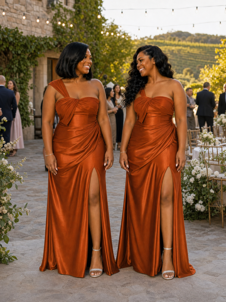 ChicSew Fancy One Shoulder Side Slit Mermaid Ruched Soft Satin Long Bridesmaid Dresses