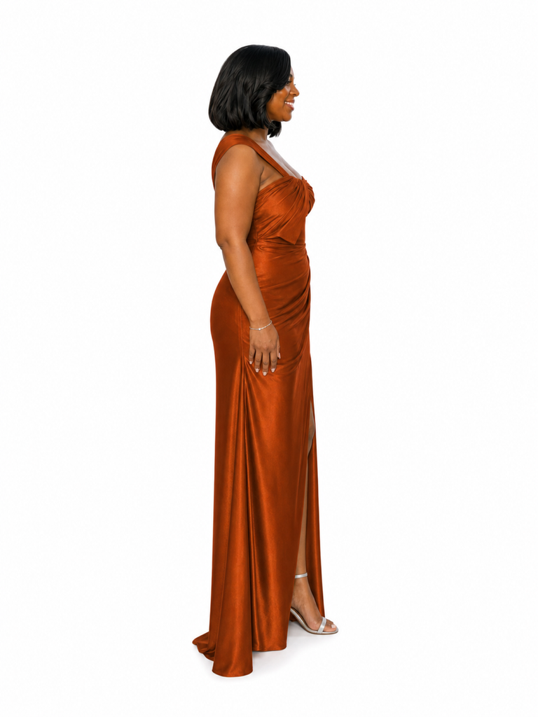 ChicSew Fancy One Shoulder Side Slit Mermaid Ruched Soft Satin Long Bridesmaid Dresses