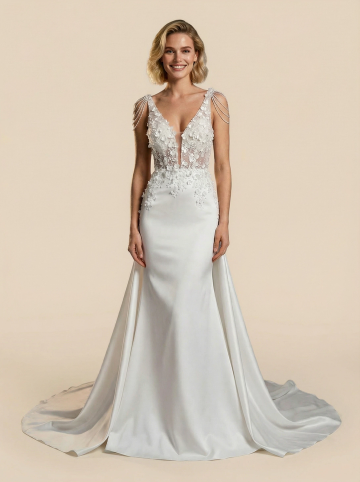 V-neck Mermaid Maxi Long Satin And Applique Wedding Dresses Online