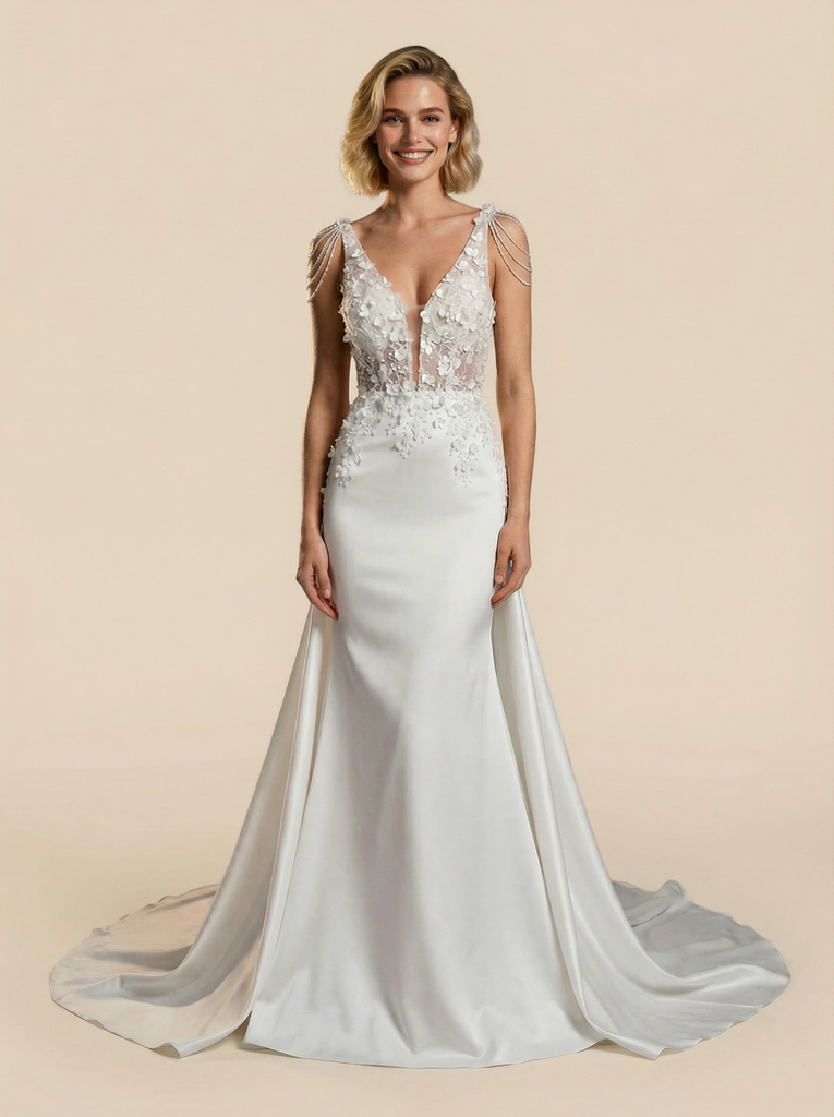 V-neck Mermaid Maxi Long Satin And Applique Wedding Dresses Online