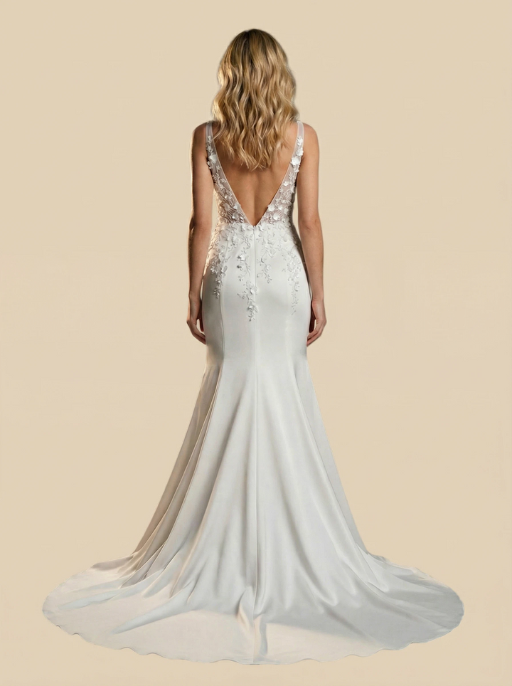V-neck Mermaid Maxi Long Satin And Applique Wedding Dresses Online
