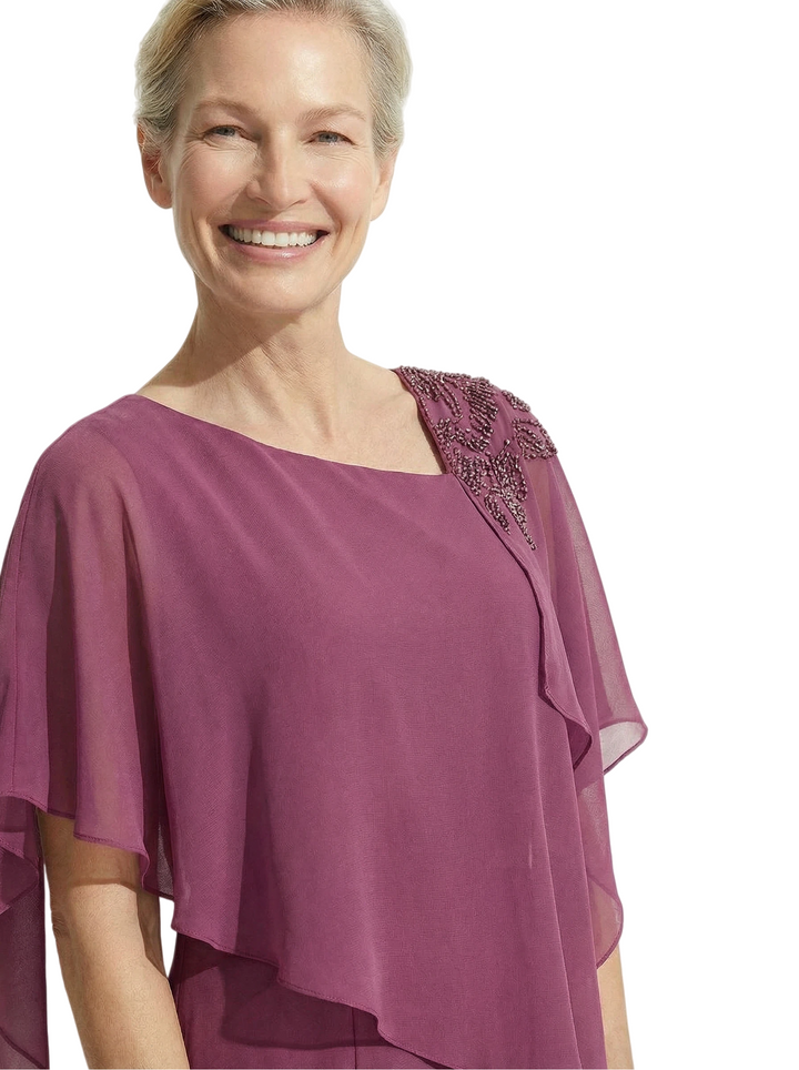 Modern Asymmetric Cape Sleeve Chiffon Mother of The Bride Dress Wedding Guest Outfit