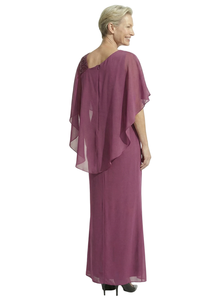 Modern Asymmetric Cape Sleeve Chiffon Mother of The Bride Dress Wedding Guest Outfit
