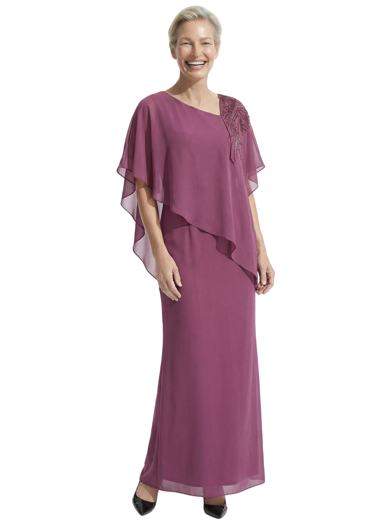 Modern Asymmetric Cape Sleeve Chiffon Mother of The Bride Dress Wedding Guest Outfit