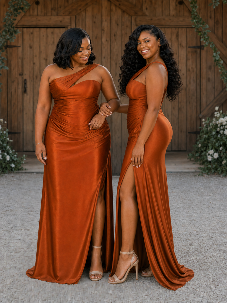 ChicSew Mermaid Side Slit One Shoulder Soft Satin Long Bridesmaid Dresses