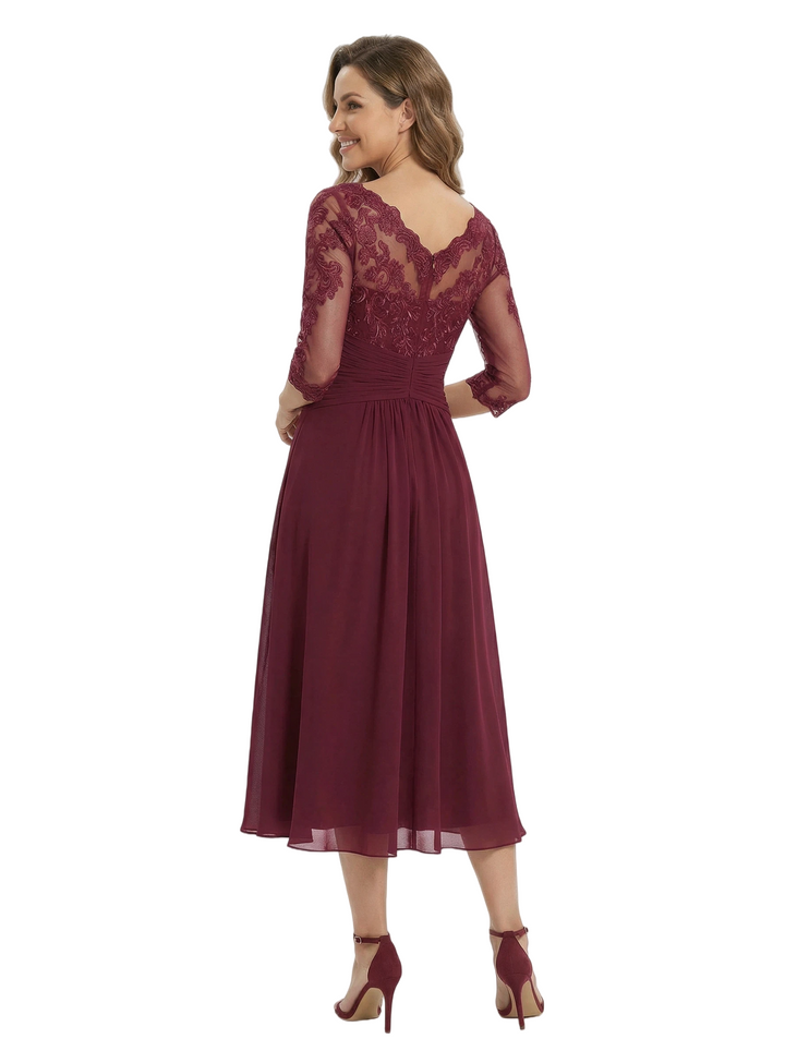 Pretty Scoop Neck Long Lace Chiffon Mother of The Groom Dress Tea-Length A-Line Gown with Ruffle