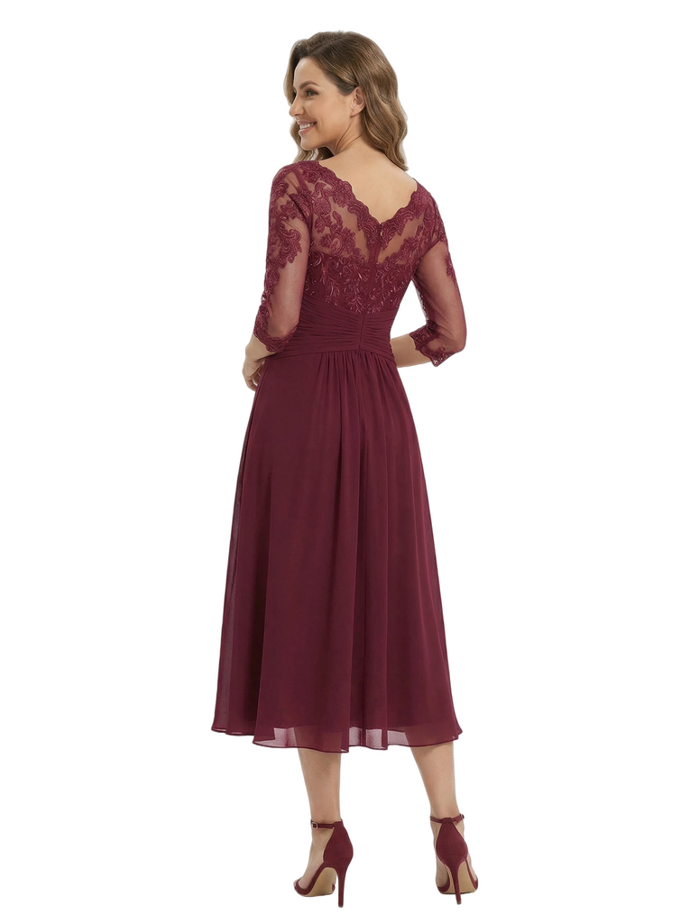 Pretty Scoop Neck Long Lace Chiffon Mother of The Groom Dress Tea-Length A-Line Gown with Ruffle