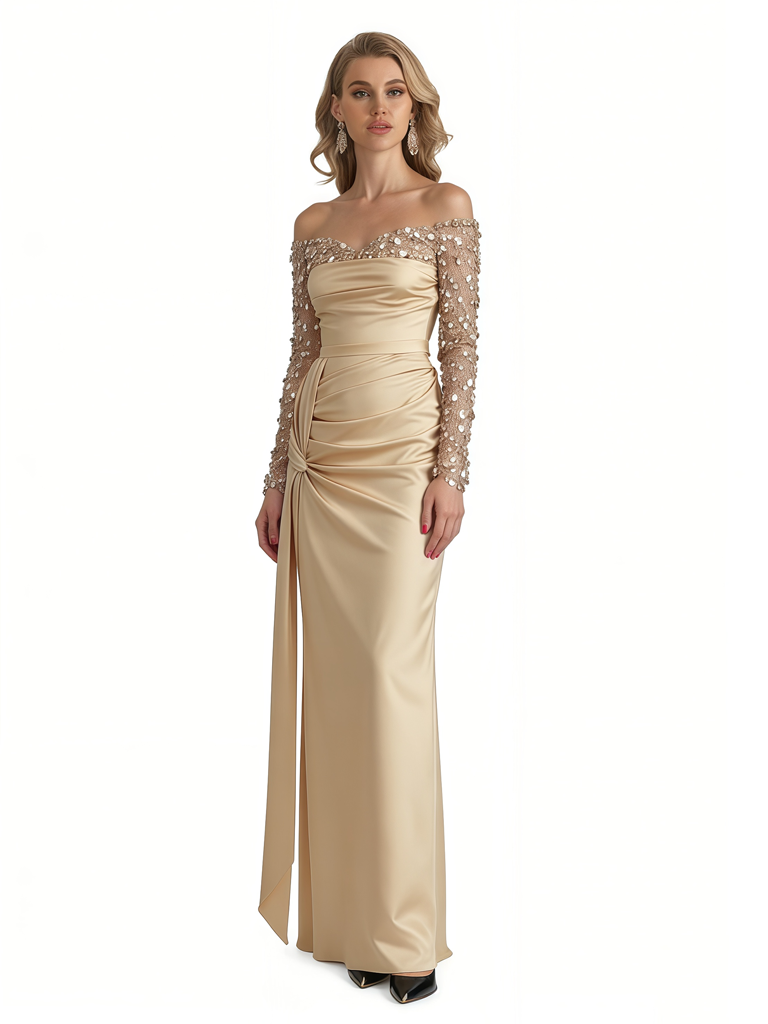 Elegant Long Sleeves Sequins Satin A-Line Long Formal Evening Gowns For Ladies