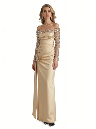 Elegant Long Sleeves Sequins Satin A-Line Long Formal Evening Gowns For Ladies