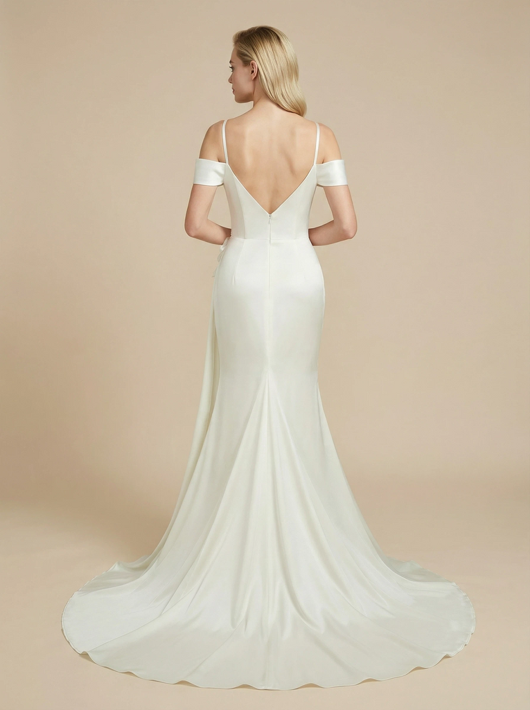 Mermaid Cold Shoulder Boning Maxi Long Satin Wedding Dresses Online With Flower