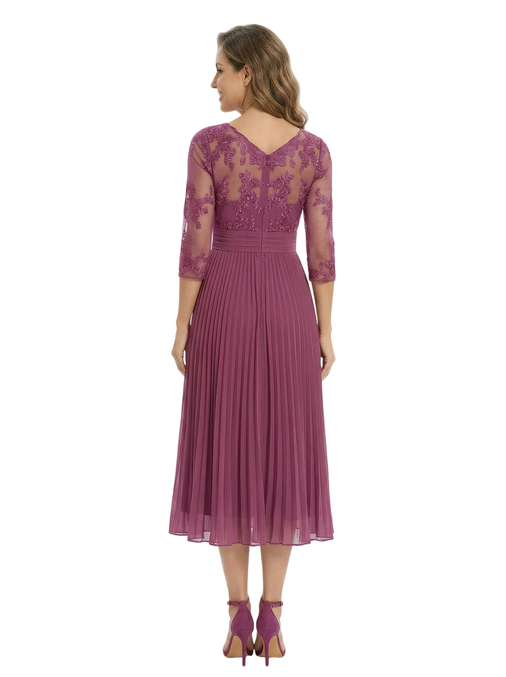 Elegant Summer Pleated Long Sleeve Chiffon Mother of The Bride Dress Tea-Length
