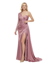 Elegant One Shoulder Long Sleeve Satin Mermaid Lace Prom Gown With Side Slit