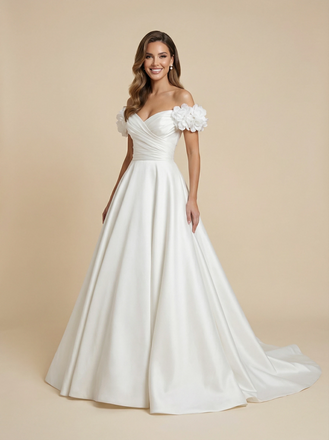 A-Line Off The Shoulder Ruching Maxi Long Satin Wedding Gowns Online
