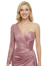 Elegant One Shoulder Long Sleeve Satin Mermaid Lace Prom Gown With Side Slit