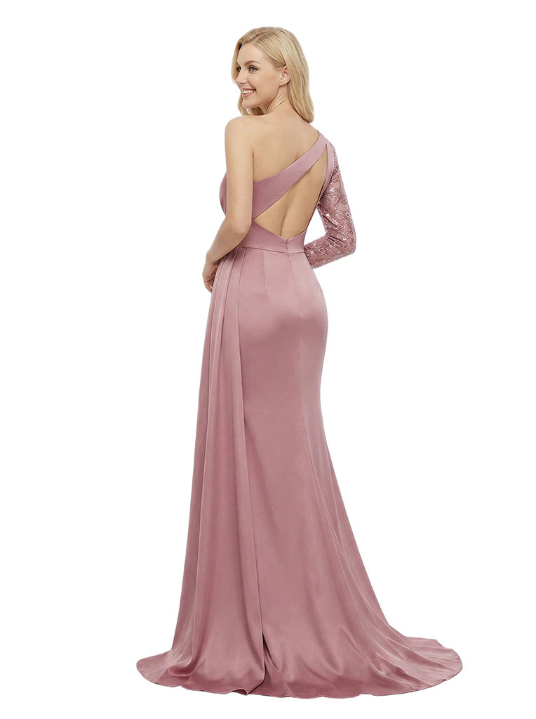 Elegant One Shoulder Long Sleeve Satin Mermaid Lace Prom Gown With Side Slit