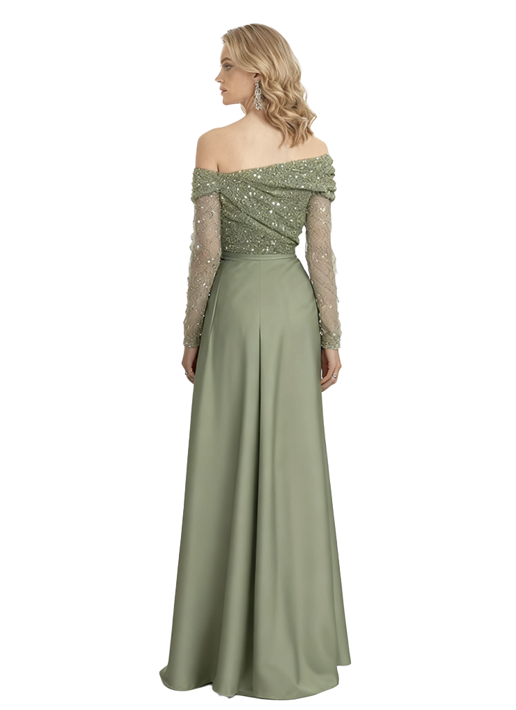 Elegant Long Sleeves Silky Satin A-Line Long Formal Evening Gowns For Ladies