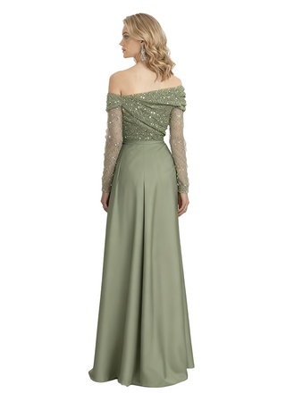 Elegant Long Sleeves Silky Satin A-Line Long Formal Evening Gowns For Ladies