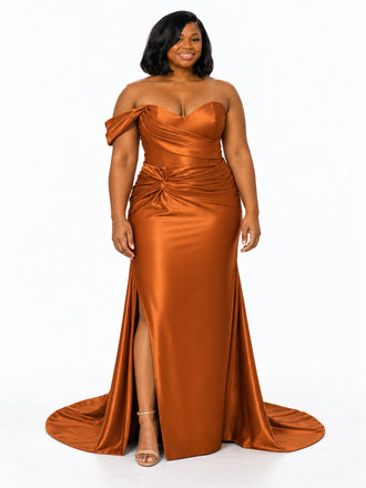 ChicSew Elegant Ruched Side Slit Mermaid One Shoulder Soft Satin Maxi Bridesmaid Dresses
