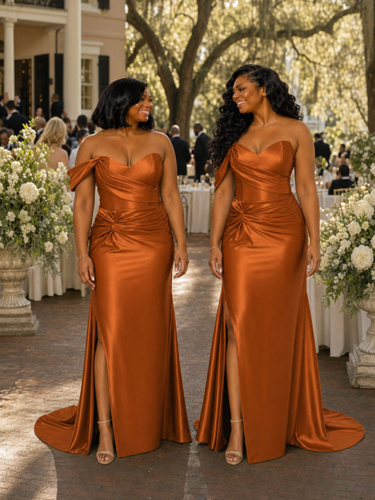 ChicSew Elegant Ruched Side Slit Mermaid One Shoulder Soft Satin Maxi Bridesmaid Dresses
