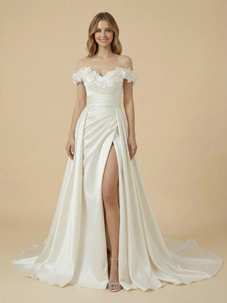 A-Line Off Shoulder Side Slit Ruched Maxi Long Satin Wedding Dresses Online With Flower