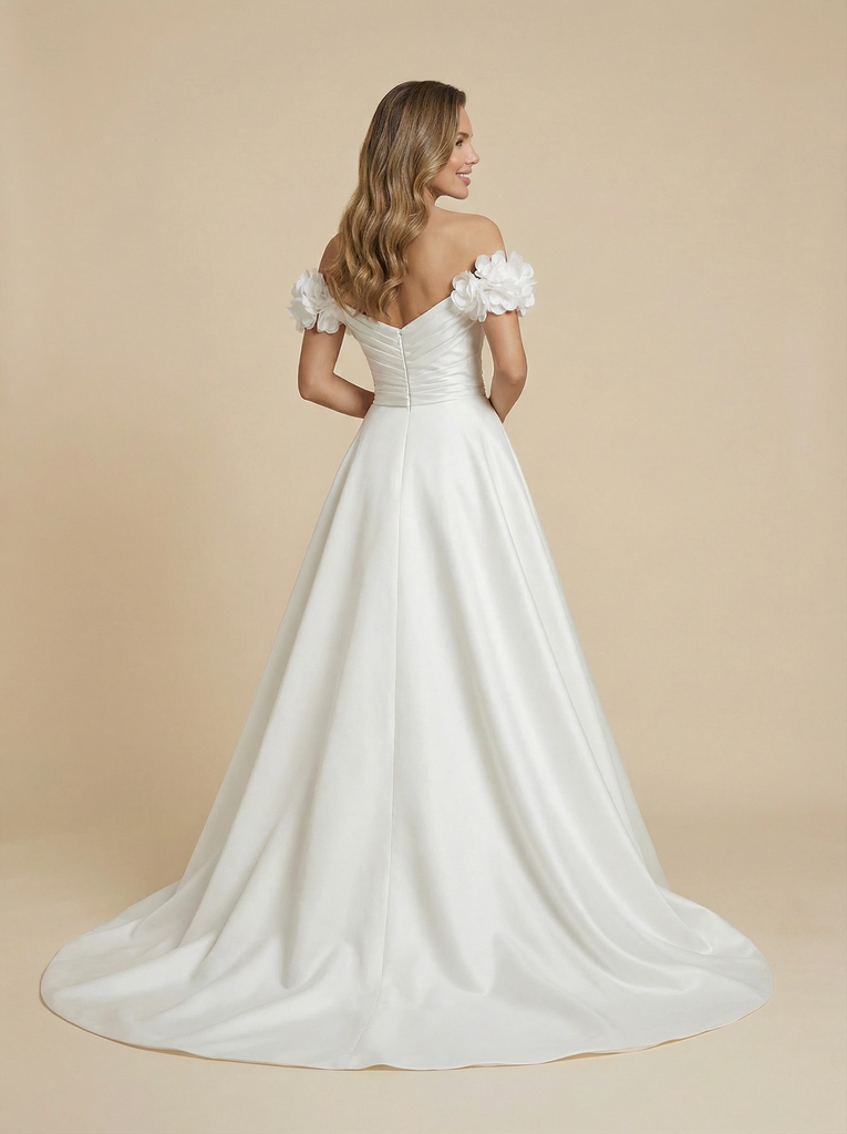 A-Line Off Shoulder Side Slit Ruched Maxi Long Satin Wedding Dresses Online With Flower