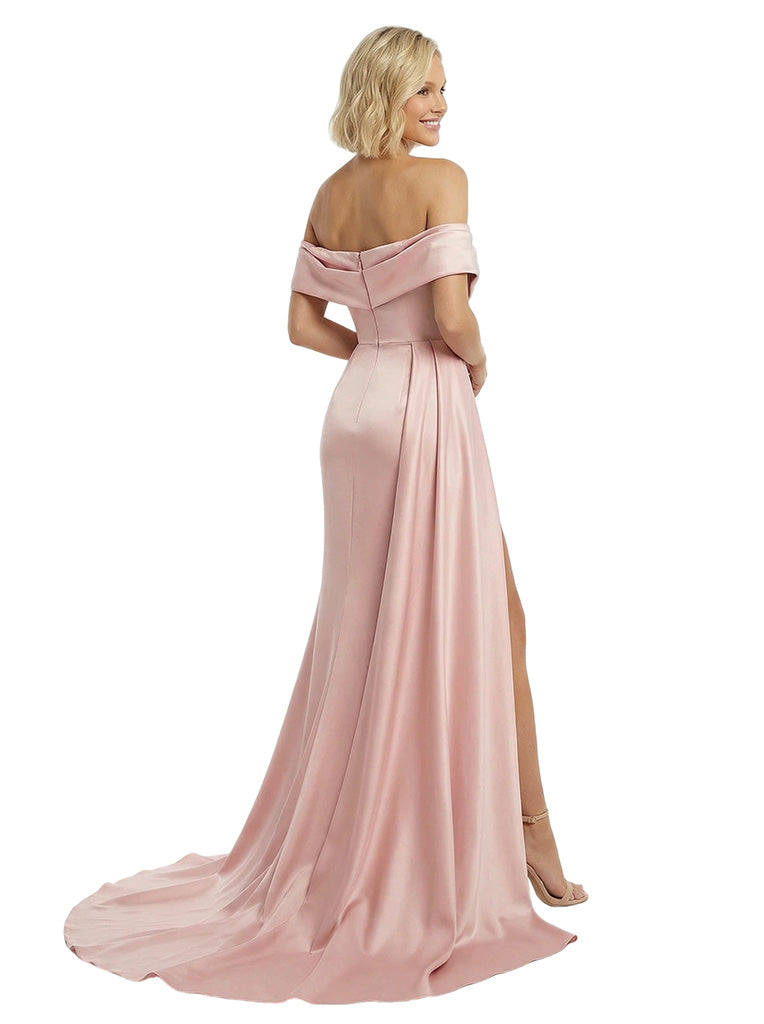 Glamorous Asymmetrical Off Shoulder Mermaid Satin Long Party Prom Dresses