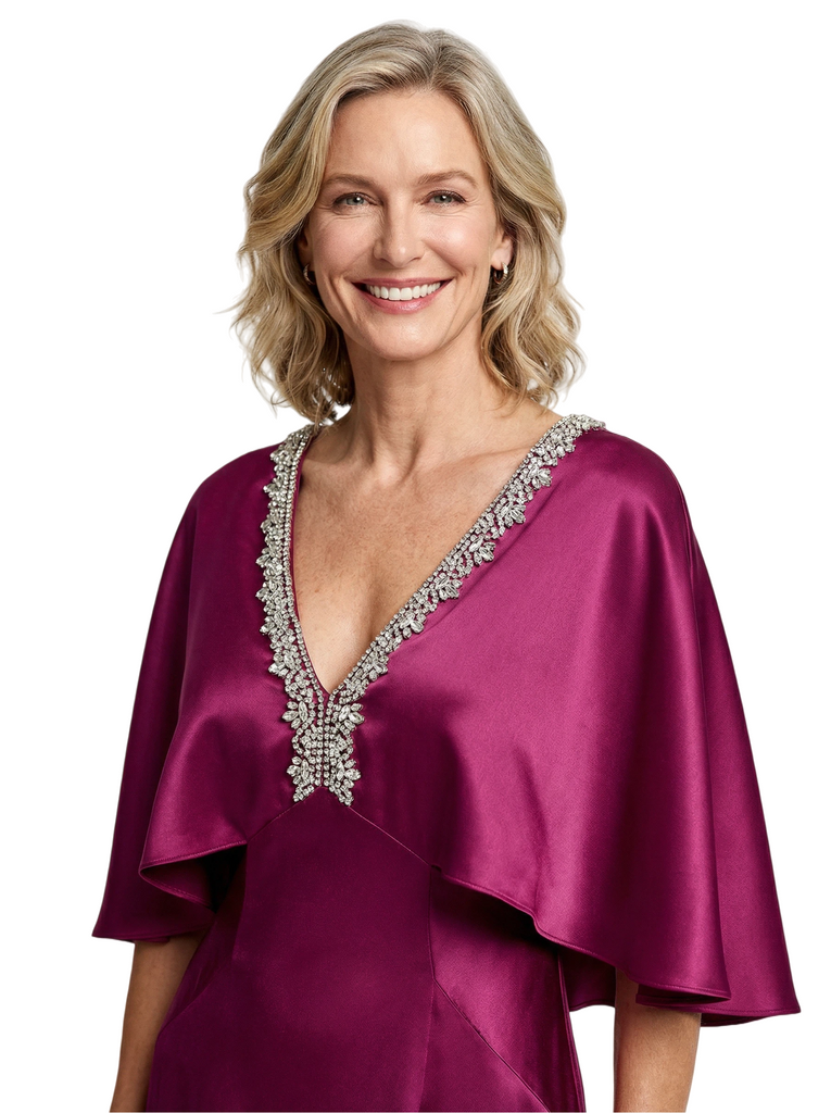 Chic V-Neck Cape Sleeve Satin Mother of The Groom Dress Floor-Length MermaidSophisticated Wedding Event Outfit