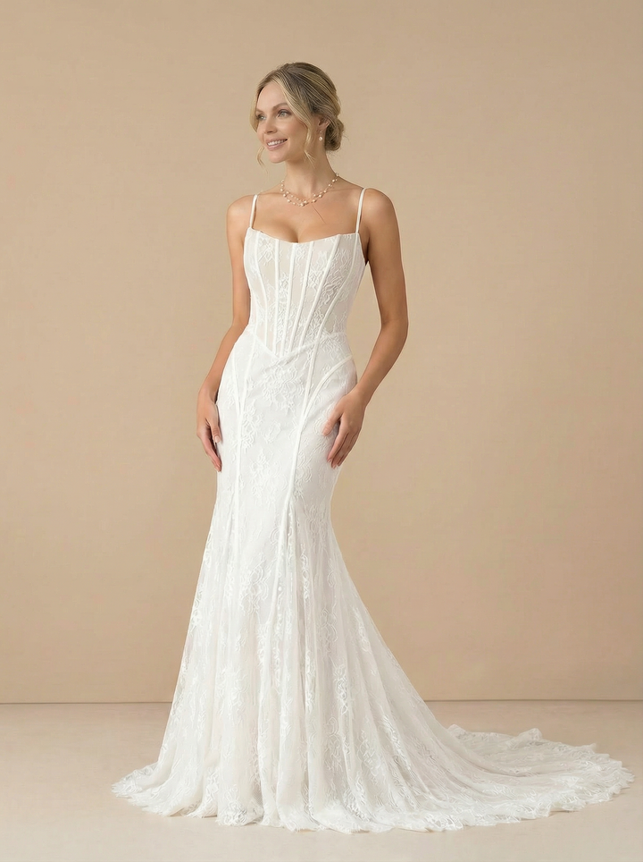 Spaghetti Straps Mermaid Boning Lace Maxi Long Wedding Dresses Online