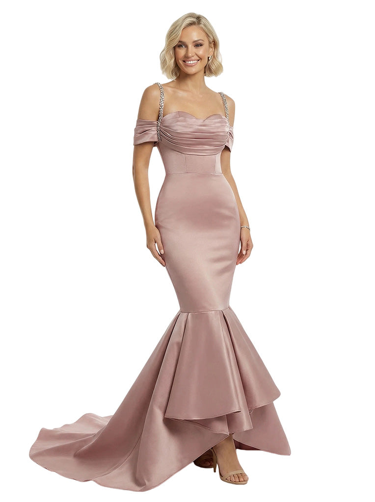 Stunning Cold Shoulder Mermaid Satin Long Party Prom Dresses