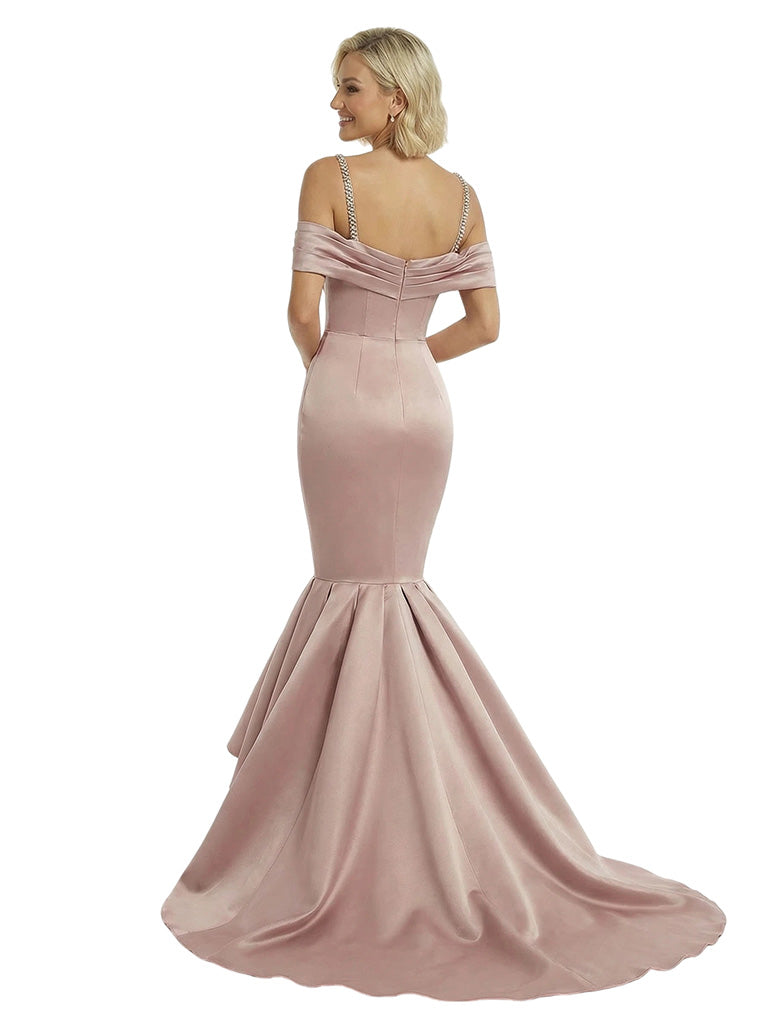 Stunning Cold Shoulder Mermaid Satin Long Party Prom Dresses