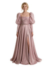 Modern Long A-Line Gown With Ruched Bodice Beaded Waist Classy Square Neck Puff-Sleeve Satin Prom Dress