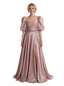 Modern Long A-Line Gown With Ruched Bodice Beaded Waist Classy Square Neck Puff-Sleeve Satin Prom Dress