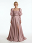 Sweet Satin Side Slit A-Line Long Sleeves Long Party Prom Dresses