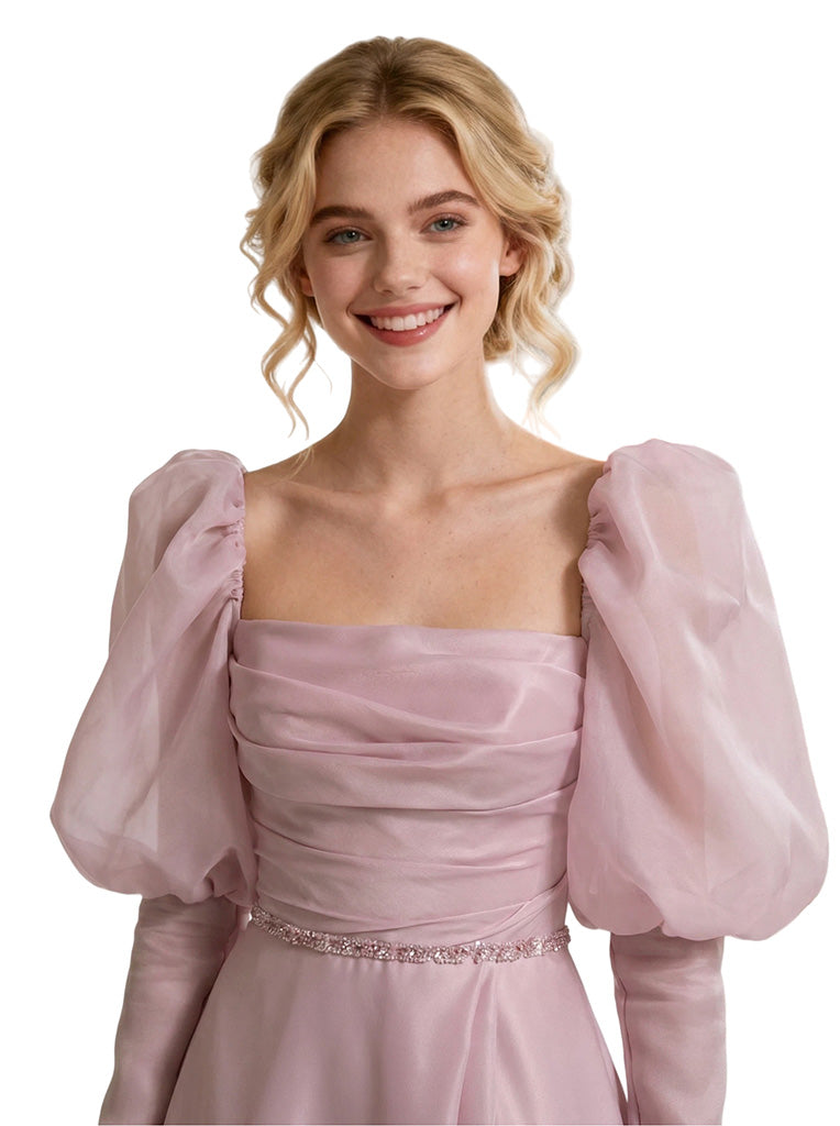 Modern Long A-Line Gown With Ruched Bodice Beaded Waist Classy Square Neck Puff-Sleeve Satin Prom Dress